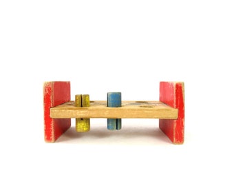 Wooden Painted Wood Pounding Peg Cobblers Bench Toy | Vintage Painted Wood Primitive Children's Toy