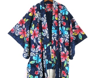 Blue Floral Kimono | Vintage Kimono Robe | Long Draped Sleeves Boho Dressing Robe