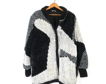 80s Sweater Knit Coat Vintage Black & White Aurora