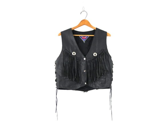 Vintage black leather vest FRINGE MOTO Biker vest