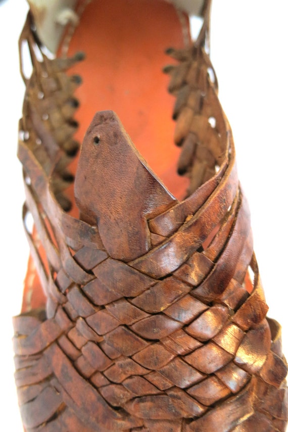 Brown Leather Sandals Vintage Huaraches Woven Lea… - image 5
