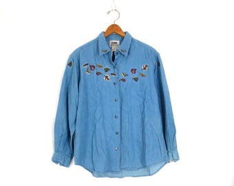 Camisa de chambray con bordado de hojas, estilo vintage, talla pequeña para mujer.