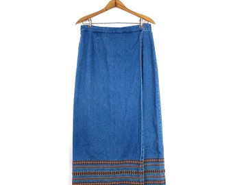 90s Long Denim Wrap Skirt | Vintage Embroidered Jean Skirt | Western Boho Festival Wear / Women's Medium