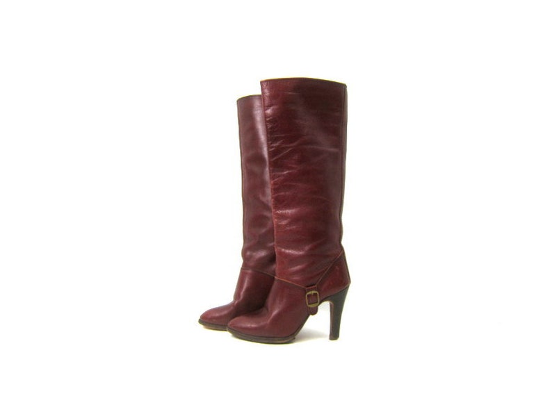 70s Mahogany Brown Leather Boots Tall Red Brown Wooden Heel Cowgirl Boots BOHO Riding Boots COWGIRL Vintage Boots Womens Size 7