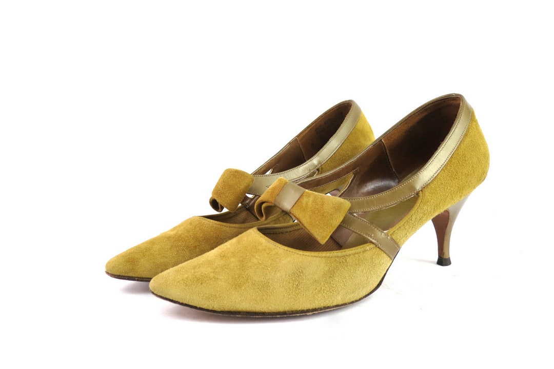 50s Mustard Yellow Leather Heels Vintage 1950s Suede Shoes Etsy