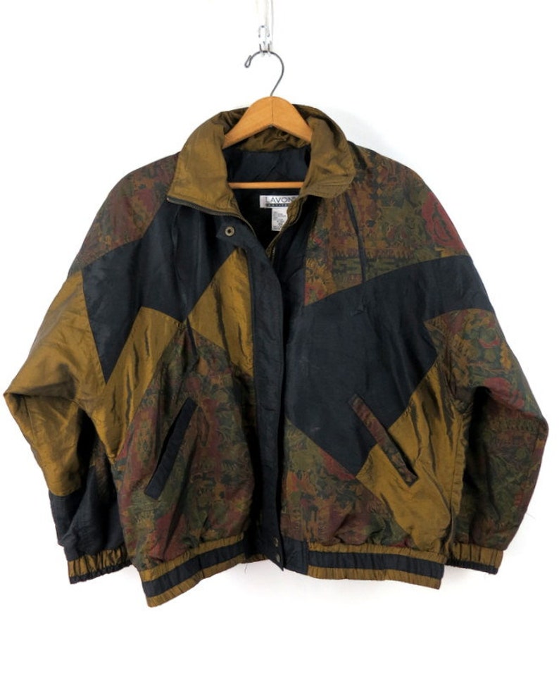 Windbreaker jacket Shiny Black /& Gold Bomber jacket 1990s Lightweight Spring Coat Women/'s Size medium
