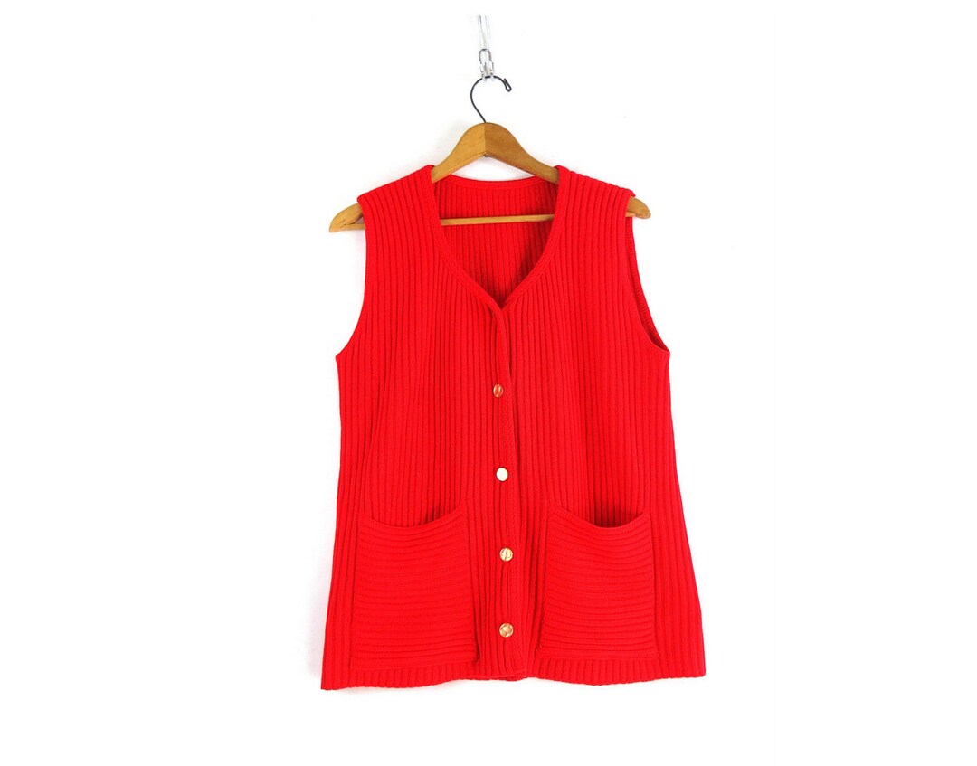 Vintage 1970s Red Sweater Vest Tunic Sleeveless Cardigan Layering Top