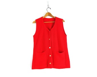 Vintage 1970s Red Sweater Vest Tunic Sleeveless Cardigan Layering Top with Pockets Size Large XL