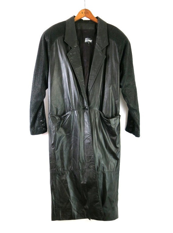 Long Black Leather Coat 80s Duster Jacket Vintage… - image 6