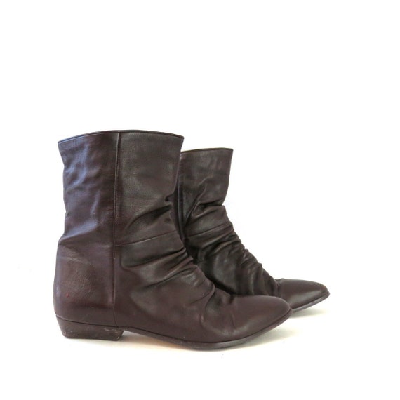 Brown Leather Slouchy Boots | 90s Mid Calf Bootie… - image 1