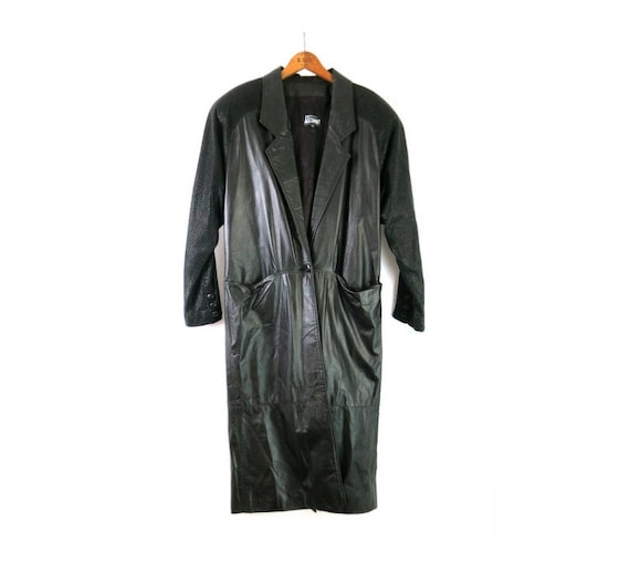 Long Black Leather Coat 80s Duster Jacket Vintage… - image 1