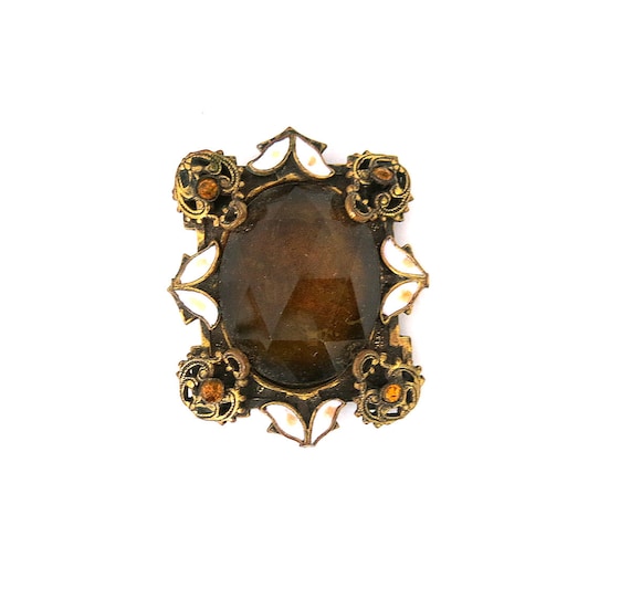 vintage AMBER GLASS brass filigree Brooch antique… - image 1