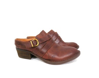 Born Boone Brown Leather Mule Slip On Heeled Western Cowgirl Booties, size 7.5