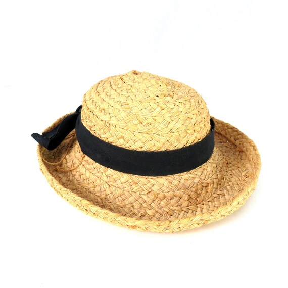 Vintage Woven Raffia Straw Hat with Black Bow | M… - image 2