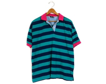 Blue & Green Striped Polo Henley Shirt Preppy Tee / Women's