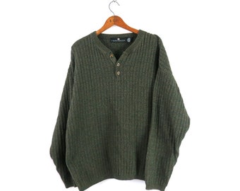 90s Cotton Henley Sweater | Baggy Green Button Up Henley Sweater | Minimal Boyfriend Pullover Sweater | Unisex Size Large XL