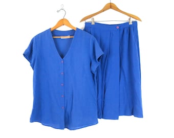 2-Teiler Blauer Midi Rock & Top Set | Vintage passendes Sommer-Outfit | Women's Medium / Maq