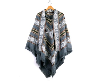 vintage Ethnic knit poncho | Gray shawl Pullover | Boho Sweater Jacket with Fringe | OSFM