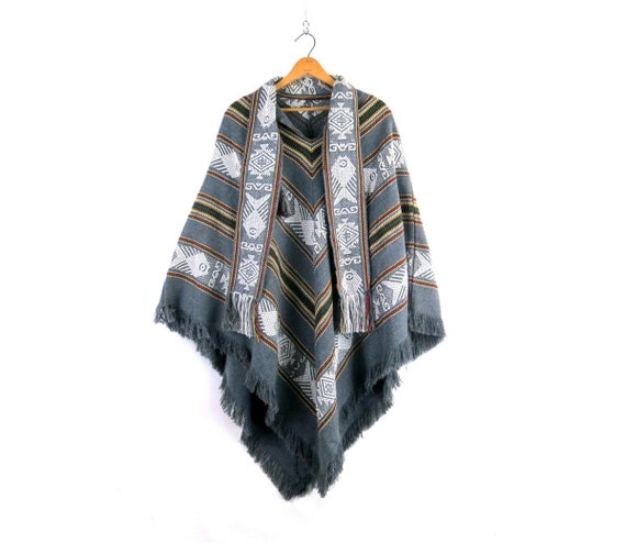 Vintage Ethnic Knit Poncho Gray Shawl Pullover Boho Sweater Jacket 