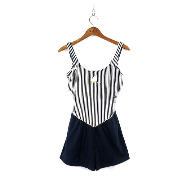 Vintage 1980s Swimsuit | Striped Blue & White Sailboat Swim Suit | Nautical Beach Swimwear with Shorts | One Piece Bathing Suit | Women's 10