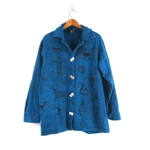 Vintage cotton jacket | Button Up Sweatshirt Jacket | Blue Kokopelli Print | Ethnic Button Down Shirt Jacket | Women's Medium