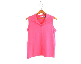 Pink Cotton Tank Top Button Collar Summer Shirt Sleeveless Collared Shirt Women's Size Medium