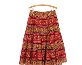 Vintage Red Floral Midi Skirt: High Waist Boho Prairie Style, Size 6