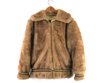 Vintage Faux Fur Coat 1970s Retro Hansa Branta Rockstar Hipster Jacket Women's Medium Large