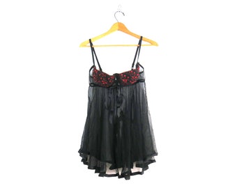 Sheer Black Babydoll Nightie Lingerie Slip with Bra Women's size Large