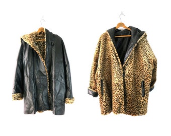 Vintage REVERSIBLE Marvin Richards Coat Cheetah Print Fur & Leather Parka Coat 90s Hooded Coat Oversized Plush Coat Women's Size Medium