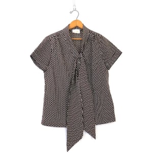 70s Polka Dot Blouse Shirt Retro Short Sleeve Button Up Shirt Vintage Brown Shirt with Ascot Tie Bow Women&#39;s Size Medium