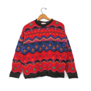 Suéter grueso con estampado de cachemira roja / Suéter retro vintage de los años 90 con arcoíris e hilo metálico / Talla pequeña para mujer