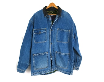Flanel gevoerd jeansjack | Jaren 90 vintage denim jas met knoopsluiting | Bugle-jongensjas | Maat Large