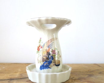 Bird & Flowers Ceramic Toothbrush Holder / Vintage Bathroom Decor / Made In Japan