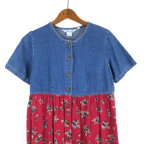 Vintage Blue Jean Shirt Dress | Long Floral Denim Skirt Dress 90s Garden Dress / Women's Size Small