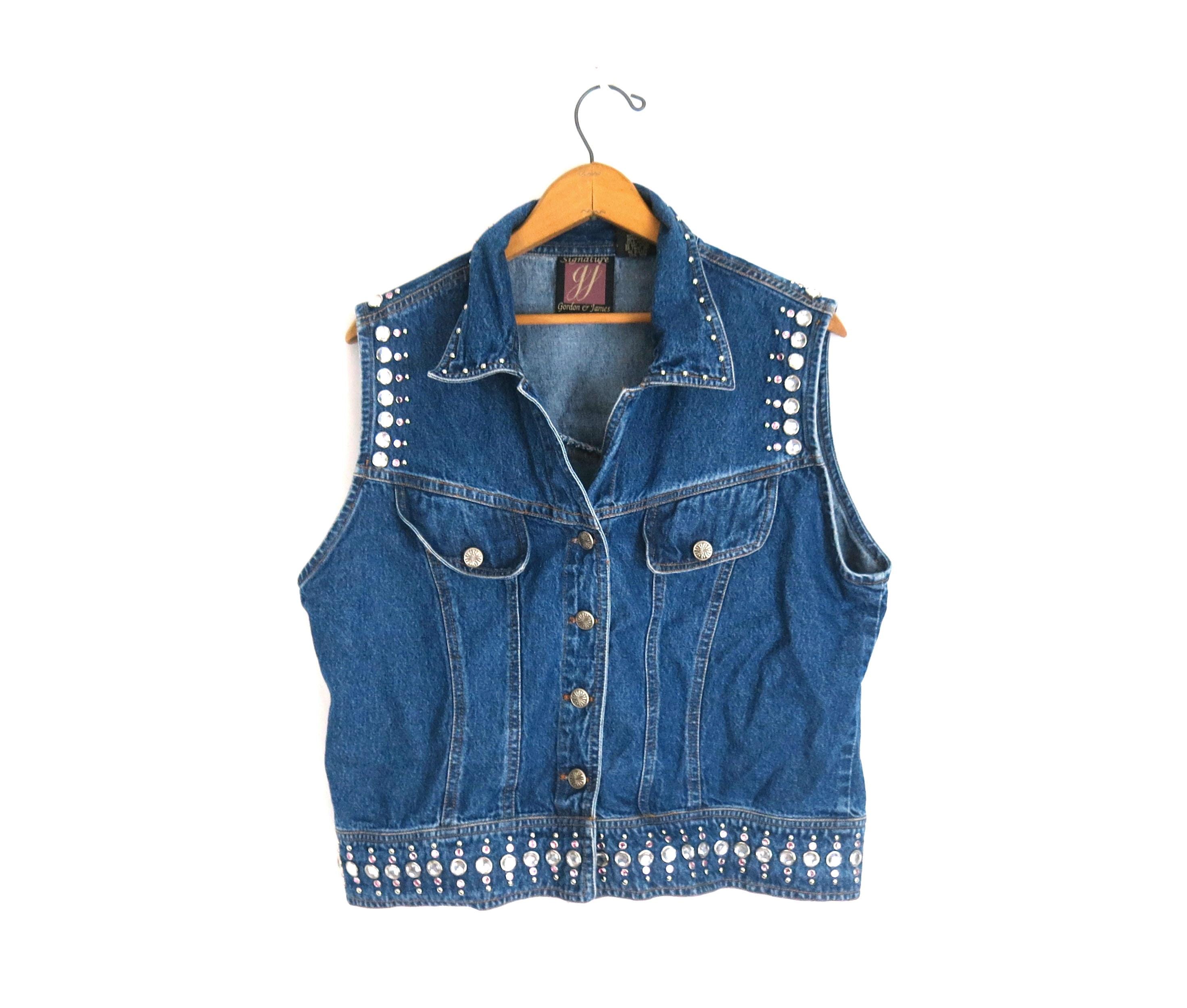 トップス euro used faded studs denim vest/gilet 90s Studded Denim Vest: Sleeveless Bejeweled Jean Jacket, Women's
