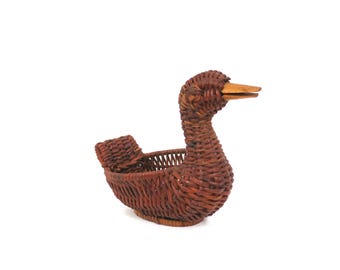Cestino a forma di anatra in vimini, stile vintage anni '80, con animali e uccelli, ideale per la decorazione della casa.
