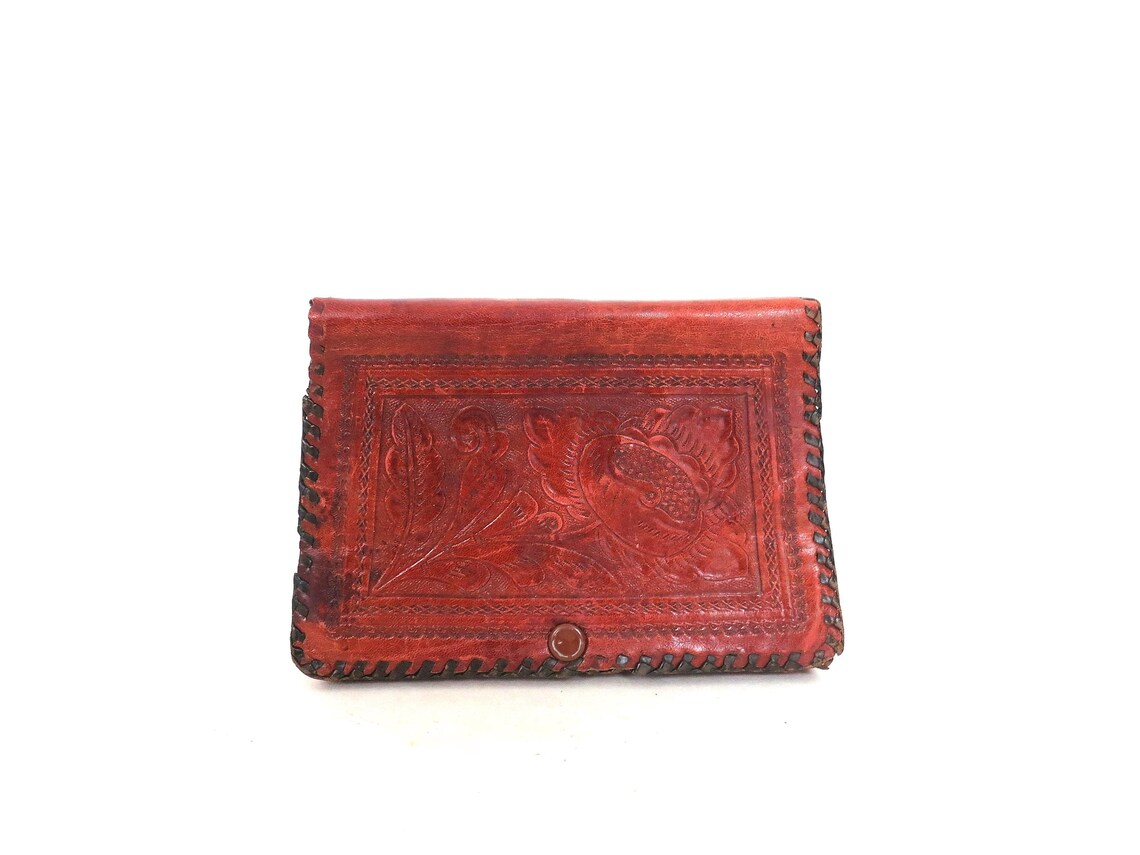 Vintage Tooled Leather Clutch: Tan Brown Floral Handbag (AS IS, foto 1 di 5