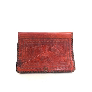 Vintage Tooled Leather Clutch Purse Tan Brown Floral Purse Hand Bag Boho Hippie Purse / AS IS