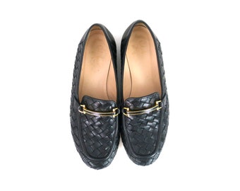 Woven Leather Shoes 00s Black Leather Loafers Modern Braided Minimalist Chic Cole Haan Loafers Women's Size 6.5