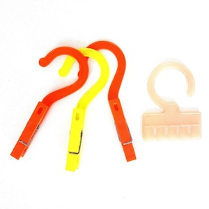 Vintage ClothesPin Hooks Set of Yellow & Orange Plastic ClothesPins Mid Century Lingerie Hanger Dryer
