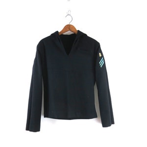 Camicia da marinaio in lana blu navy, vintage, autentica, in lana nautica, con colletto da marinaio, uniforme, con toppe, piccola