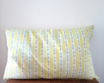 Vintage Yellow Striped Floral Ticking Feather Pillow / Farmhouse Bedroom Decor