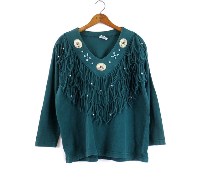 Green Western Fringe Shirt | 1980s Long Sleeve Cowgirl Tee | 90s Vintage T-Shirt | Women's Size Small