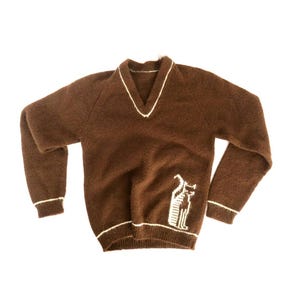 Vintage 1960s Brown V-Neck Children&#39;s Sweater with Cat