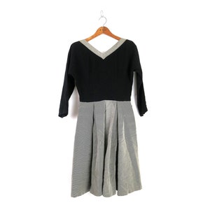 Vintage 50s Black Formal Dress 3/4 Sleeve Striped Skirt Dress Elegant Midi Length Dress Women&#39;s Size Small