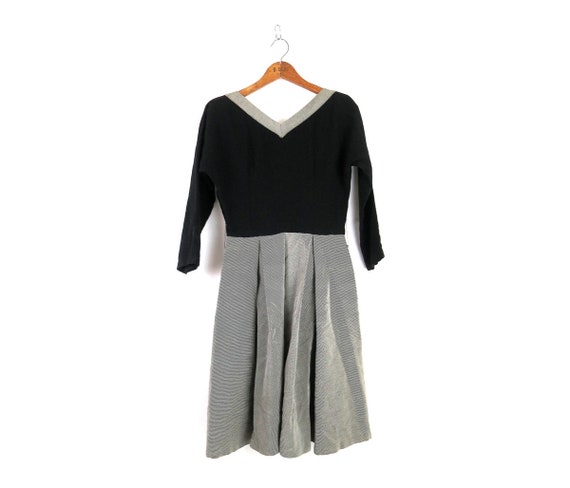 1950s Black Formal Dress 3/4 Sleeve Striped Skirt… - image 1