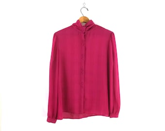 90s Office Blouse Berry Pink Purple Long sleeve Button Up Shirt Sheer Secretary Blouse Women's Size 14