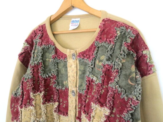 Textured Patchwork Sweatshirt Cardigan Vintage Fo… - image 3