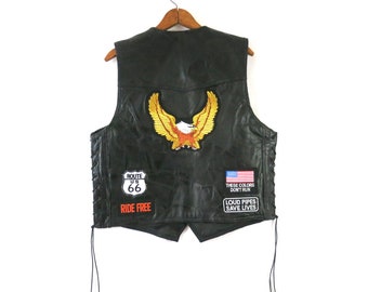 Vintage black leather vest MOTO Biker vest with Patches and Tie Sides Motorcycle Cropped Tank Vest / Men's Medium